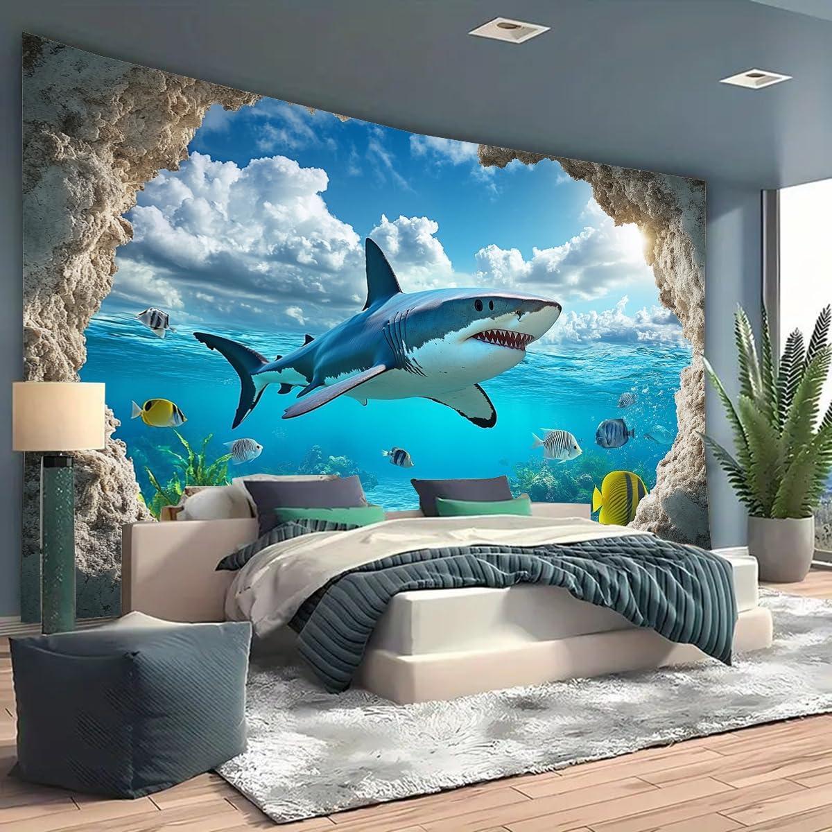Tapestry blue ocean tropical shark 75x100