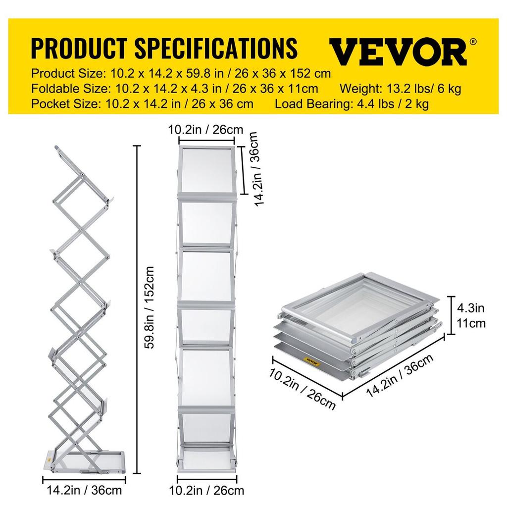 Literature Rack, 6 Pockets, Pop up Aluminum Magazine Rack, Lightweight Catalog Holder Stand w/ Carrying Bag for Living Room, Hotel, Trade Show,