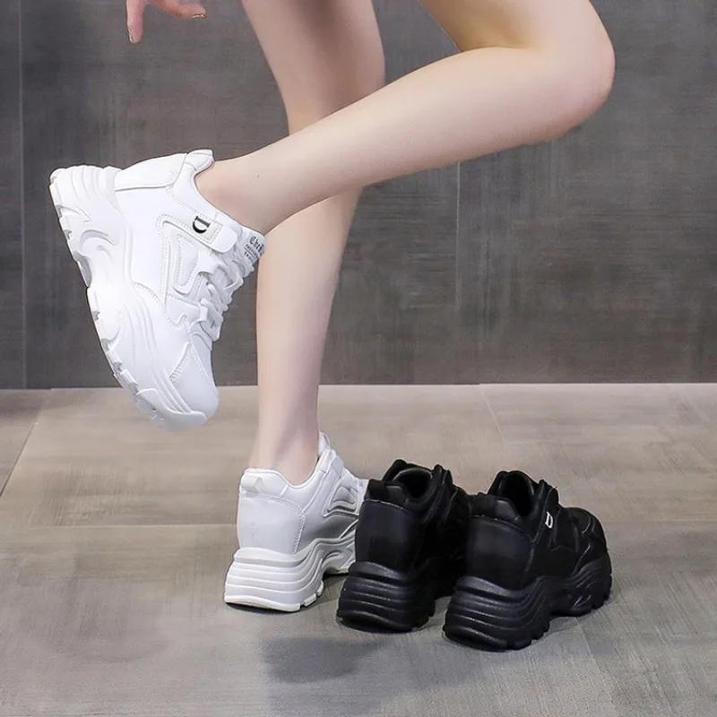 White Platform Women's Sneakers Spring Lace-Up Thick Bottom Vulcanize Shoes Woman Pu Leather Breathable Sports Shoes