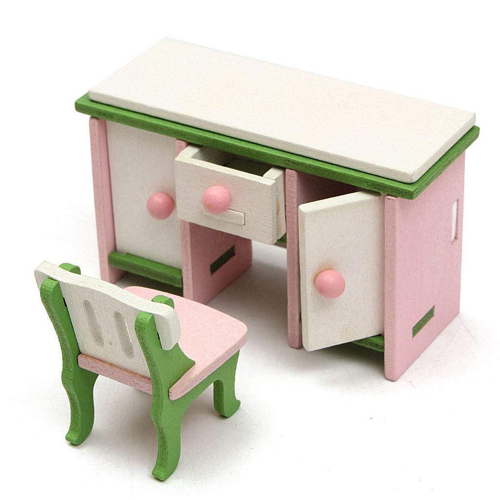 Doll House Miniature Bedroom Wooden Furniture Set Kids Role Pretend Play Toy