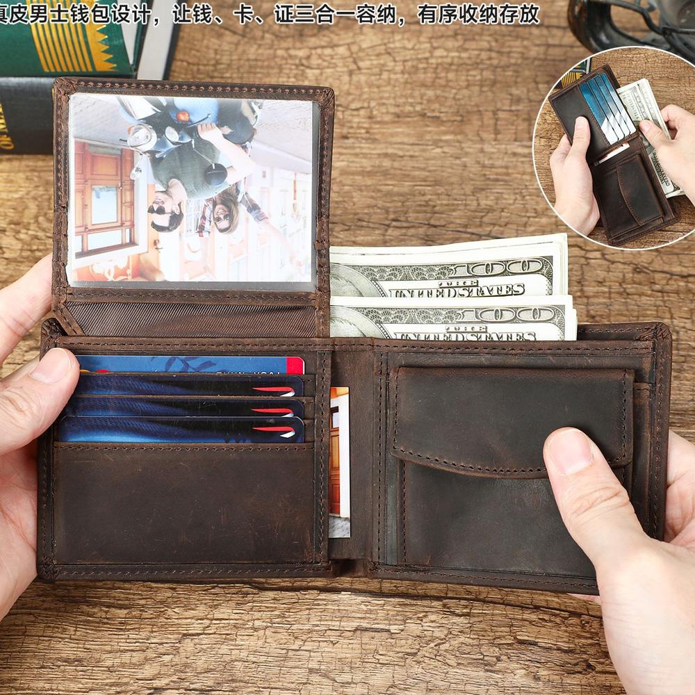 Vintage Genuine Crazy Horse Leather Men's Wallet Embossed Compass Design RFID Blocking Bifold Wallet Retro Simple Credit Card Holder Billfold