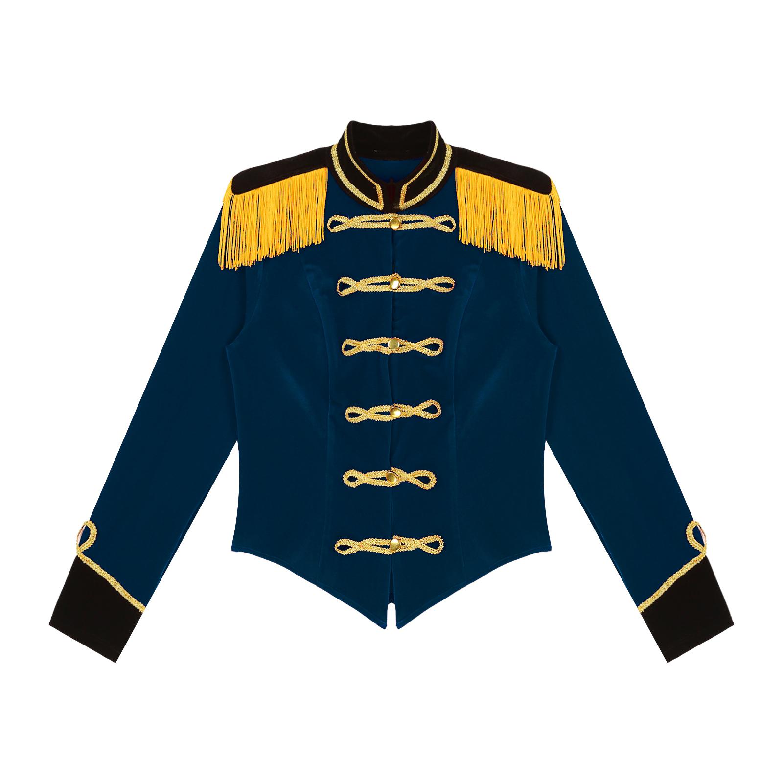 

Mens Circus Ringmaster Costume Stand Collar Fringed Shoulder Board Velvet Jacket Coat Halloween Cosplay Outfit L темно-синього кольору