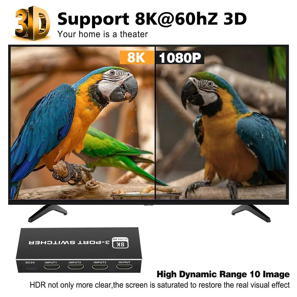 Q8Q3-3 HDMI 2.1 Switch 3x1 8K 4K 120Hz HDR Audio Video Synchronizer for Gaming/Home Theater