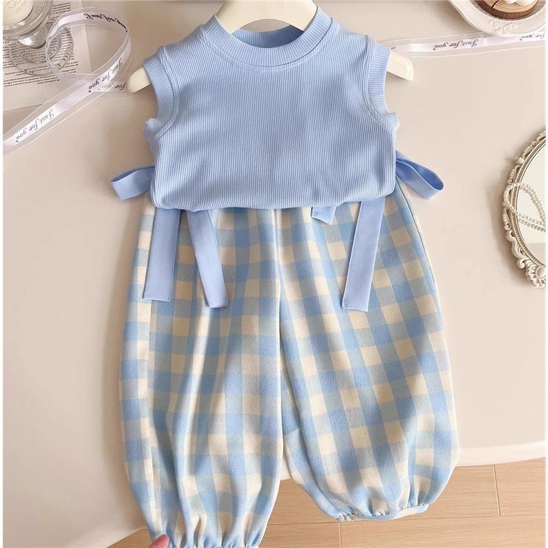 Summer Children's Blue Plaid Suit Sleeveless Top with Bow, Wide-leg Pants, and Crossbody Bag, Three-piece Set