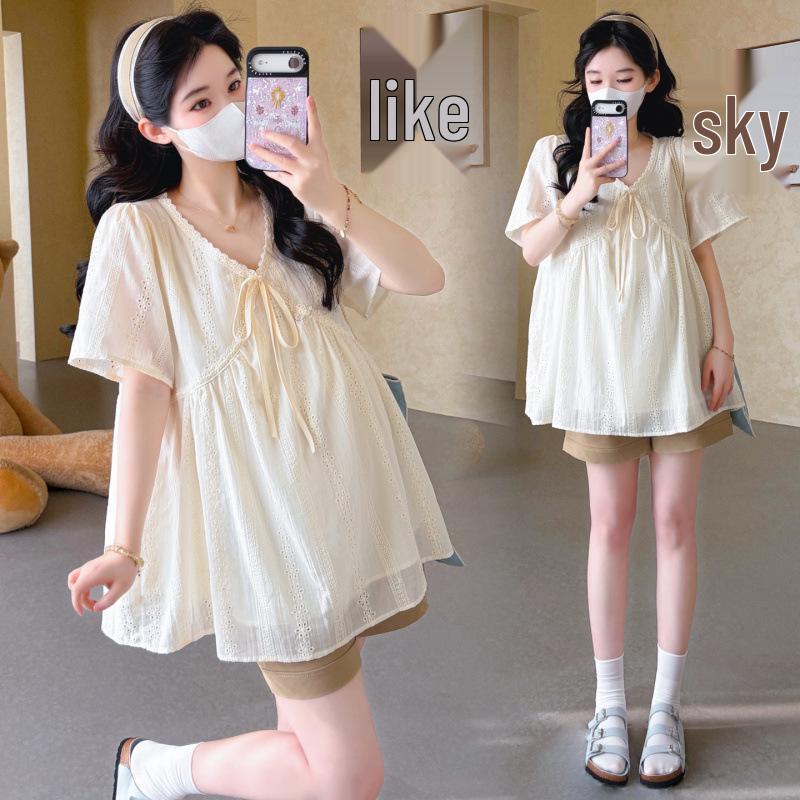 2026 Summer Korean V-neck Lace Embroidered Doll Top + Tummy Control Shorts M
