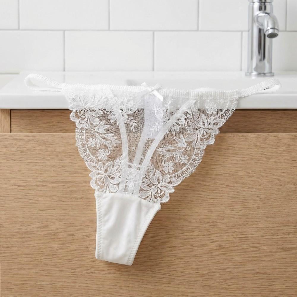 Embroidery Lace Flower Briefs Women Low Waist Romantic T Panties Sheer Mesh Lace Thong  Home