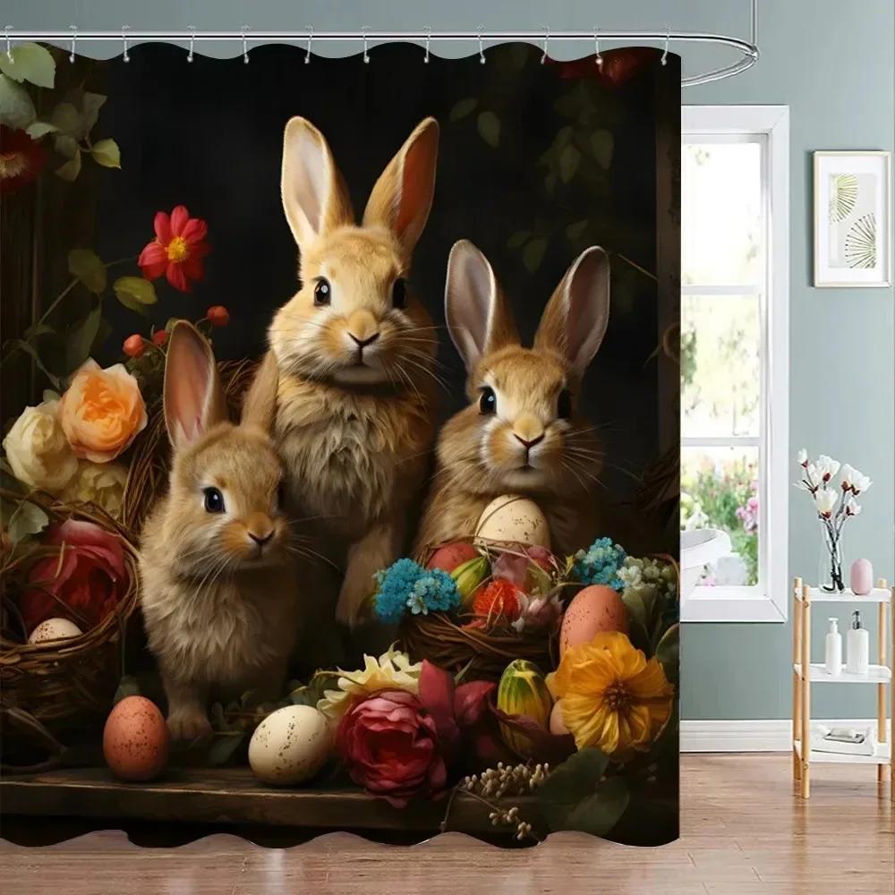Easter Shower Curtain Happy  with Bunny Eggs Vintage Style    Bathroom Decoration