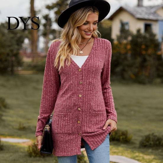 Women Knitwear Fall Long Cardigan Sweater, V Neck Button Front Knit Coat Coat, Sleeve Casual Sweater with Pockets Winter