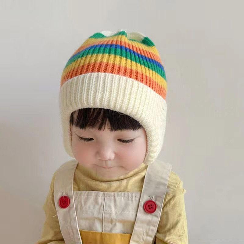 Winter Baby Knitted Hat Korean Striped Rainbow Children's Hats Toddlers Colorful Children's Warm Ear Protection Hats for Boys and Girls.