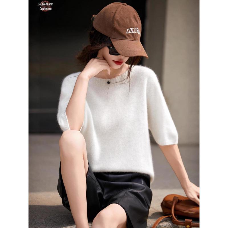 Seamless Round Neck Fleece Wool Half-Sleeve Women's Knit Top Sweater for Autumn/Winter