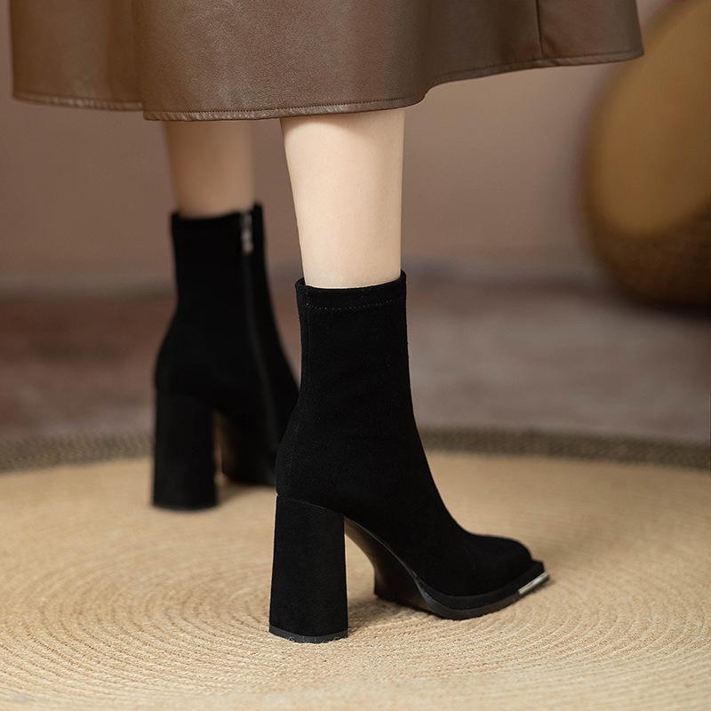 Martin boots women's autumn and winter 2025 new suede thin short boots square head thick heel velvet high heels short boots