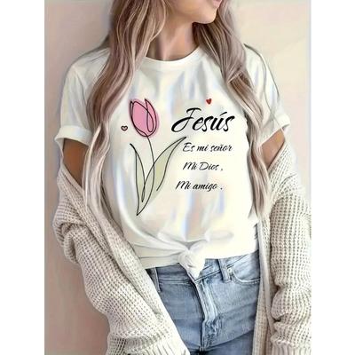 T-shirt da donna a girocollo, taglia europea, stampa di lettere e cartoni animati alla moda, design semplice, comoda e traspirante, adatta per il tempo libero quotidiano