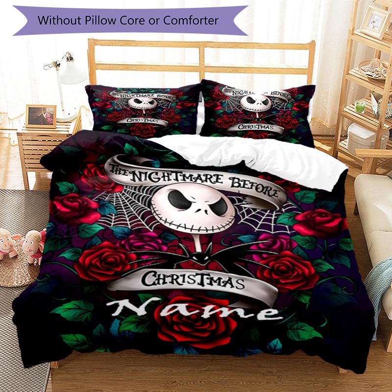 3pcs Custom Name The Nightmare Before Christmas Bedding Set Duvet Cover Closure Includes 1 Duvet Cover & 2 Pillowcases, Soft and Comfortable for All S