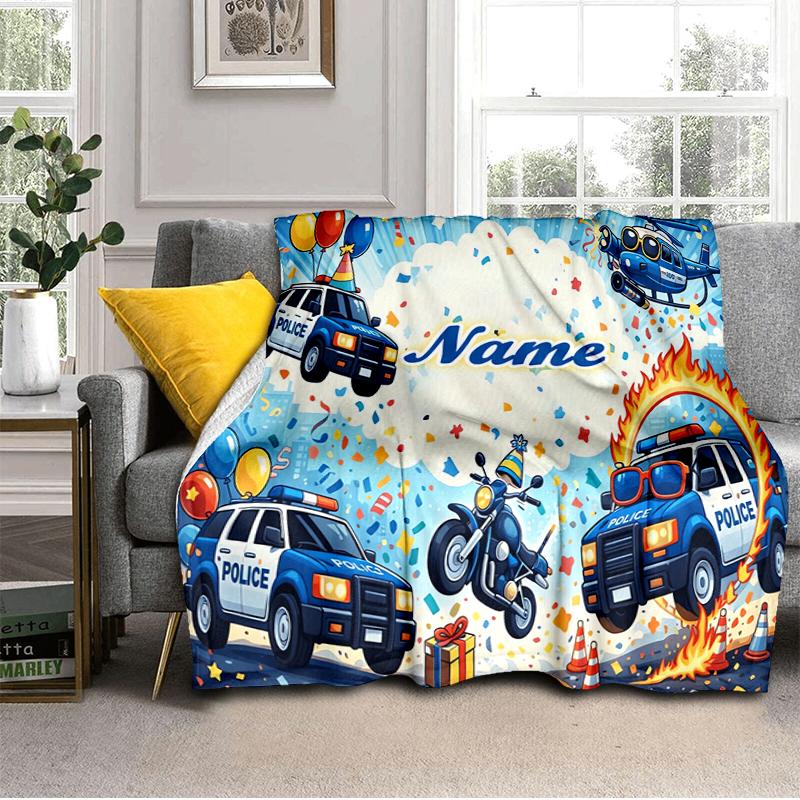 1PC Custom Name Police Party Celebration flannel blanket versatile,all-season throw suitable for the living room,bedroom,camping,travel,and gift