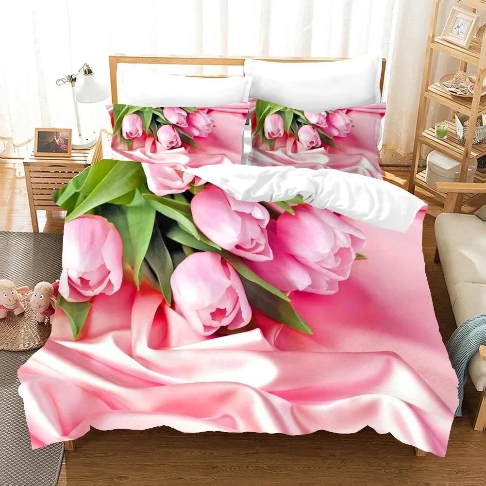 Fiori Tulipano Rosa Paesaggio Elegante Set Biancheria da Letto Singolo Gemello Matrimoniale Queen King Cal King Size Letto Set in Lino