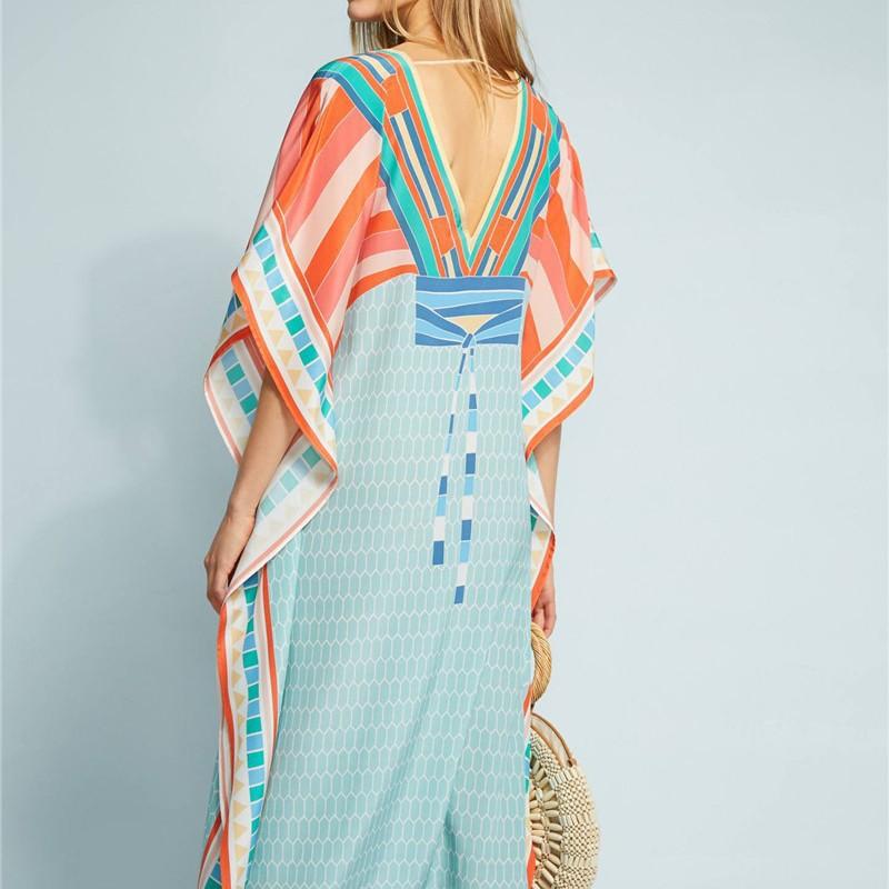 Quick-Dry Beach Cover Up Dress With Front Back V-Neck Loose Fit Printed Tunic Women Swimming Vacation