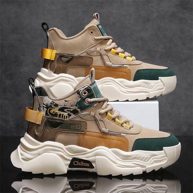 

Мужские высокие кожаные повседневные кроссовки 2025 года, толстая подошва, нескользящие, модная осенне-зимняя обувь 44