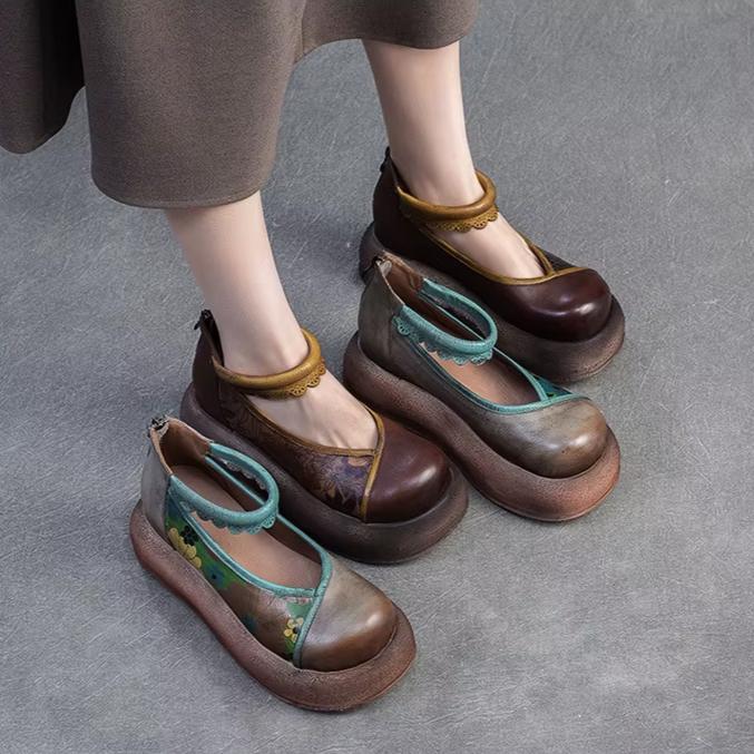 Johnature Thick Soled Height Increasing Shoes Genuine Leather Printed Retro Women's Flat Platform Shoes