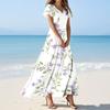 Women's Summer Floral Print V Neck Short Sleeve Maxi Dress Flowing A-Line Maxi Dress Bohemian Holiday Beach Dress