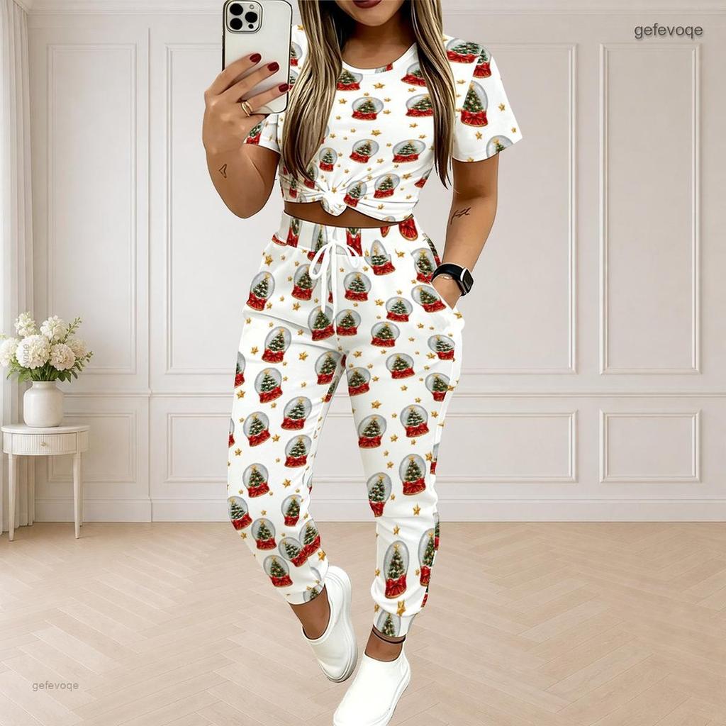 Women Plus Size Round Neck Short Sleeve Printed Crop Top Drawstring Pants Two Piece Set With Pockets