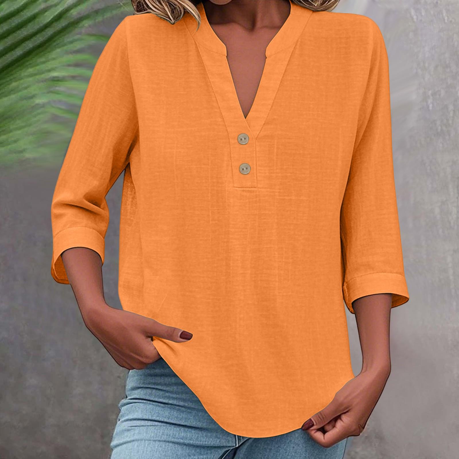 

3/4 Sleeve Linen Tops For Women Loose Fit V Neck Button Down Shirts Cute Summer Beach Tee Shirts S помаранчевий