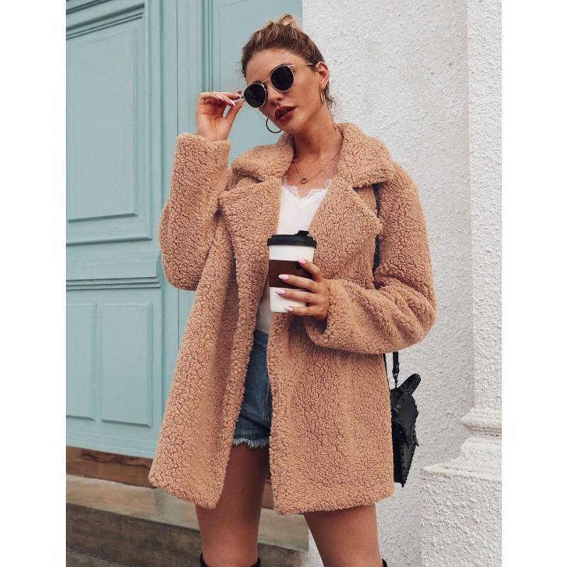 Women's Brown Teddy Coat Lapel Collar Mid-Length Warm Winter Jacket