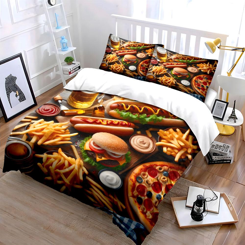 Vintage Fast Food Fest Bettwäscheset Burger Pizza Hund Bier Pommes Essen Druck Bettbezug Set 3-teilig Für Essensliebhaber Teenager Jungen