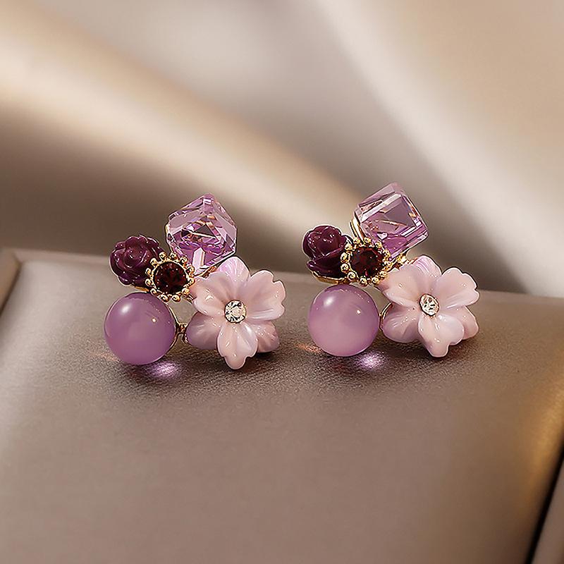 Fashion Retro Elegant Exquisite Crystal Flower Stud Earrings For Woman Light Luxury Temperament Y2K Jewelry Wedding Party Gift