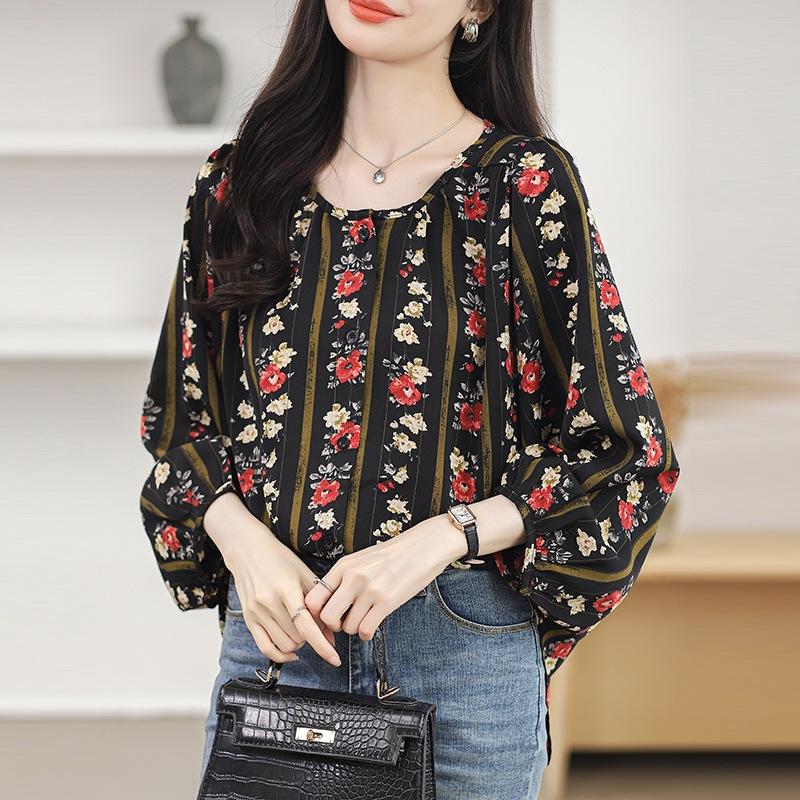 Spring New Style Round Neck Chiffon Shirt Women's Casual Top Loose Versatile Shirt