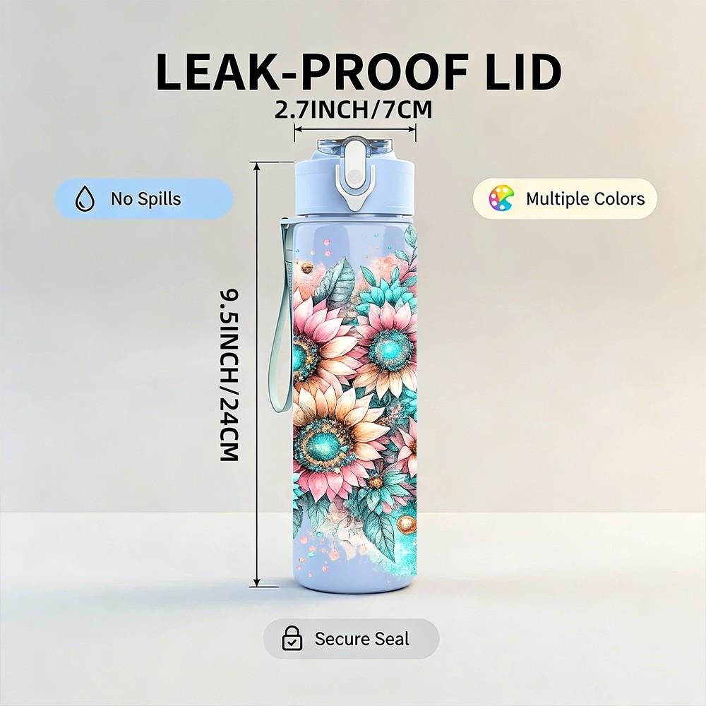 1PC Sunflower Mixed Floral Bouquet Print 750ml Color Plastic Sports Water Bottle Leakproof Flip Straw Lid Suitable for Sports Office Home Use