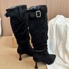 Korean Retro Suede Pointed Toe High Heel Pleated Pile Boots Women's 2025 New Buckle Skinny Heel High Boots