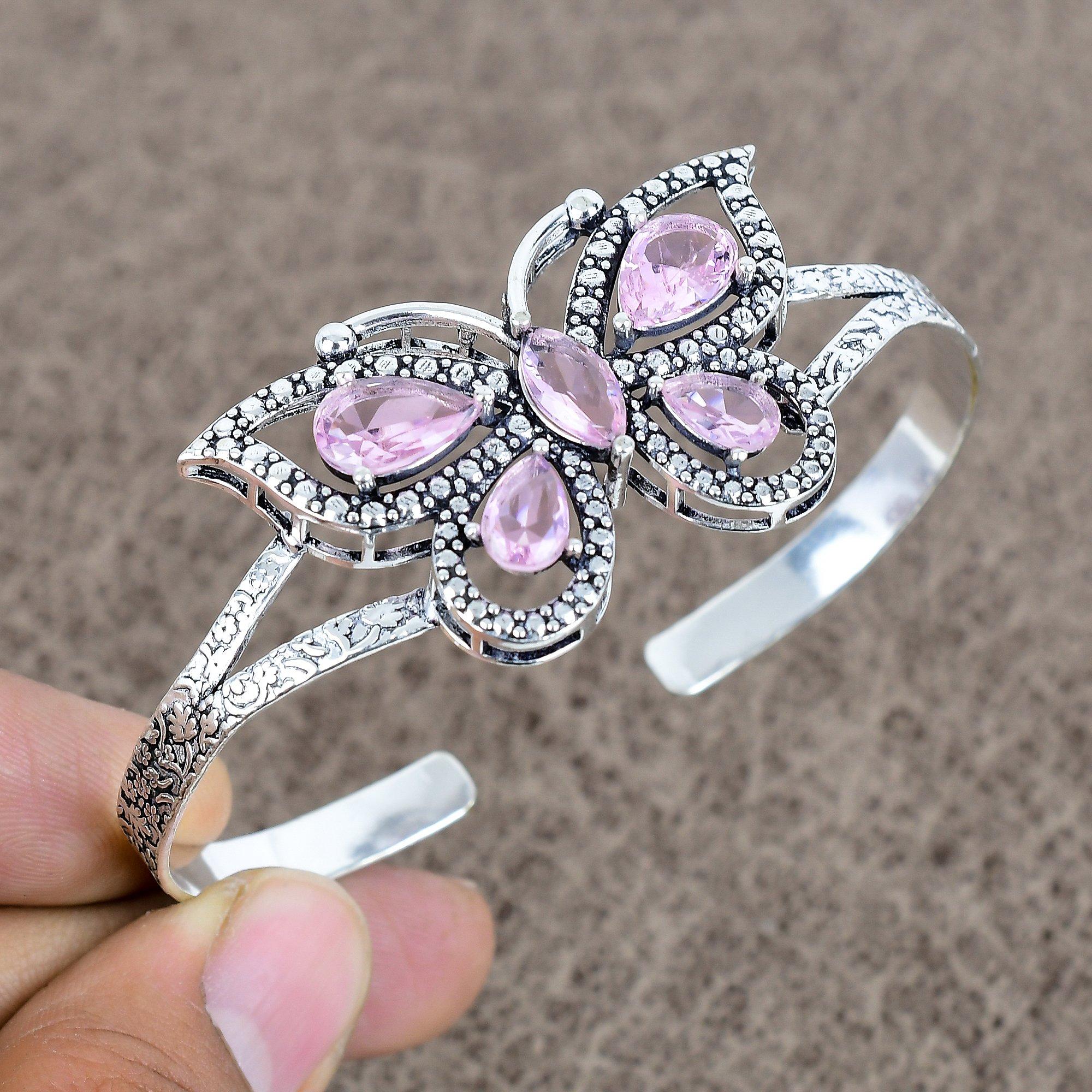 

Pink Kunzite Gemstone Handmade 925 Sterling Silver Cuff Bangle Adjustable KKG-105