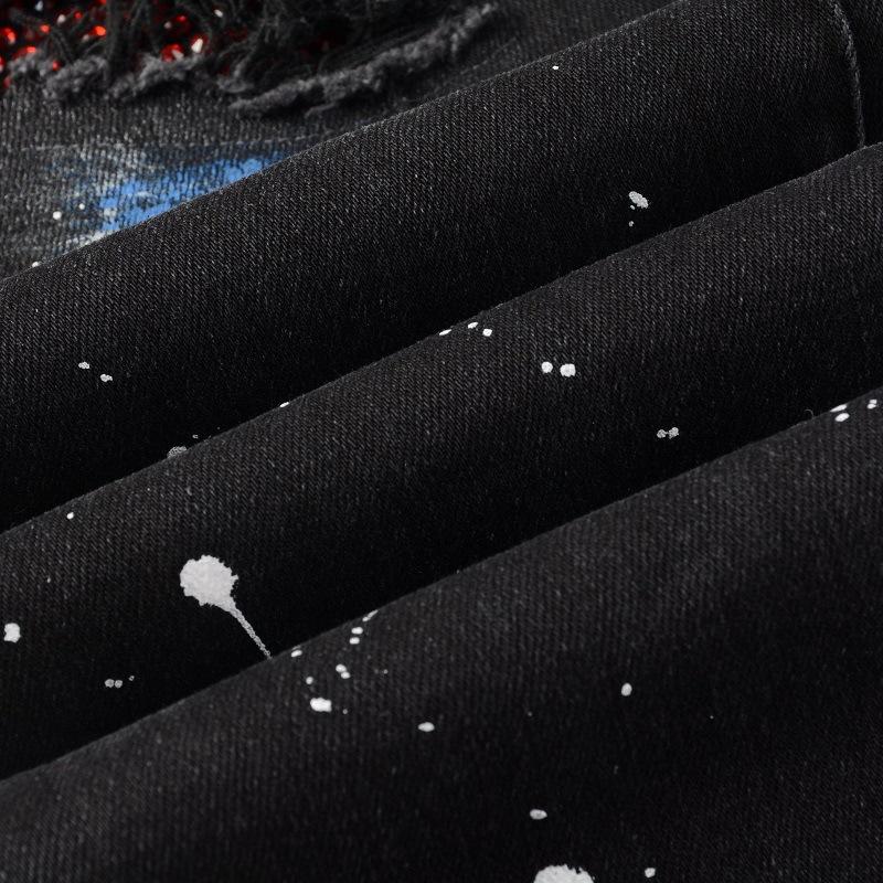 Unisex Vintage Crystal Stretch Denim Skinny Jeans Painted Holes Ripped Tapered Pants Men Streetwear Patchwork Black Trousers