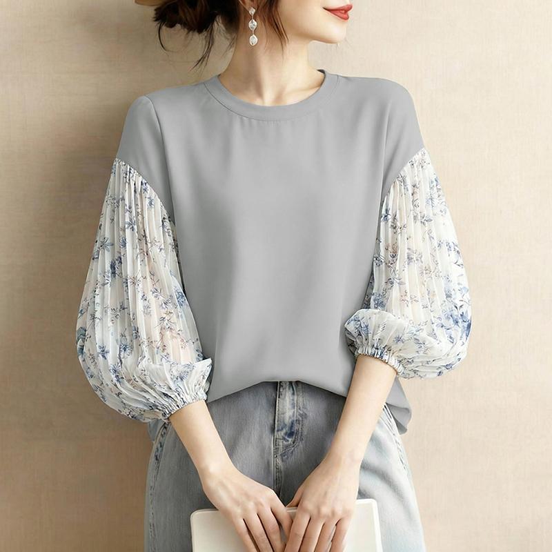 ZANZEA Women Elegant Floral Splice 3/4 Sleeve Loose Casual Crew Neck Blouse