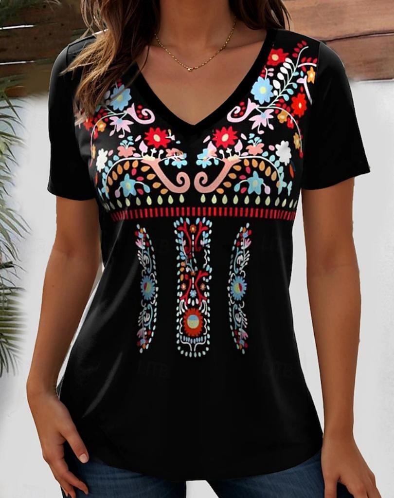 Harajuku Wind Ladies V-neck T-shirt Summer Outdoor Casual Short Sleeve Tops Retro Street Flower Print OverSize Women's Clothing