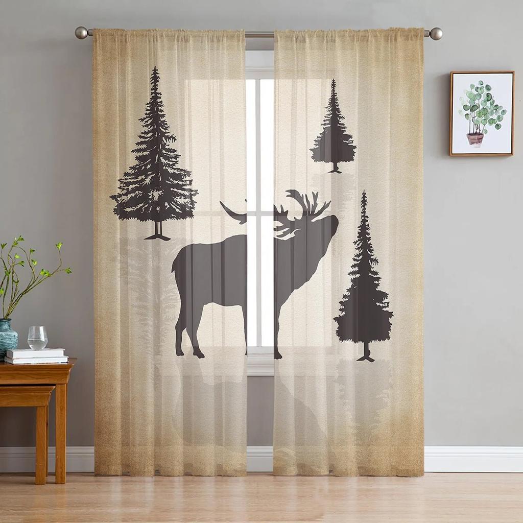 Reindeer Pine Tree Silhouette Tulle Curtains For Living Room Sheer Curtains For Bedroom Kitchen Window Curtain