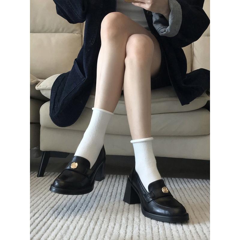 High sense! French loafers 2025 camellia black thick heel high heel single shoes British style small leather shoes
