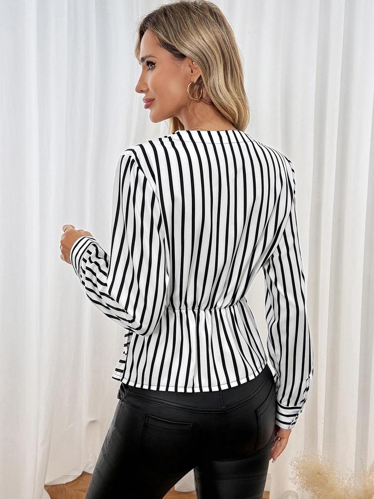 2025 Autumn Women's V-Neck Stripe Patchwork Waist-Cinching Long Sleeve Top