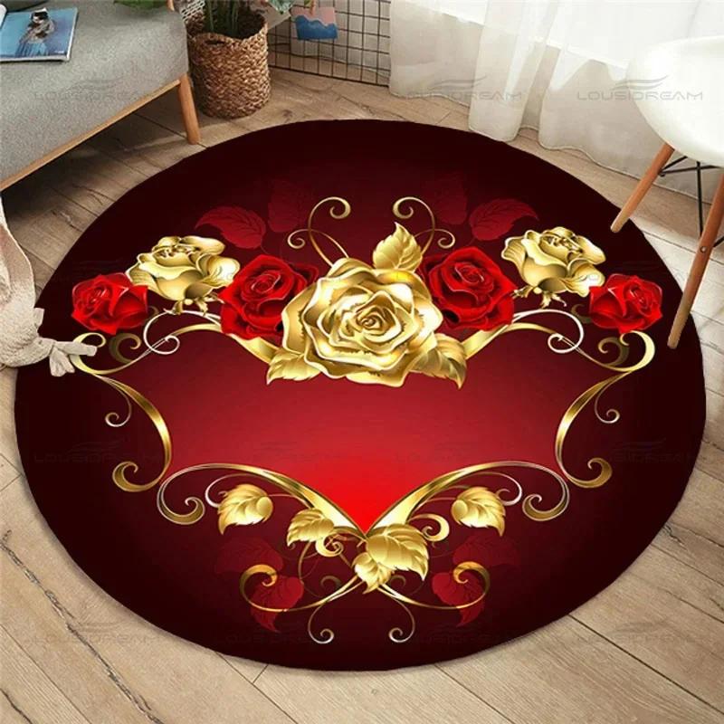 Gold Rose Round Carpet Romantic Flowers Area Rug for Living Room Bedroom Non-Slip Floor Mat Comfy Floral Carpets Indoor Doormat