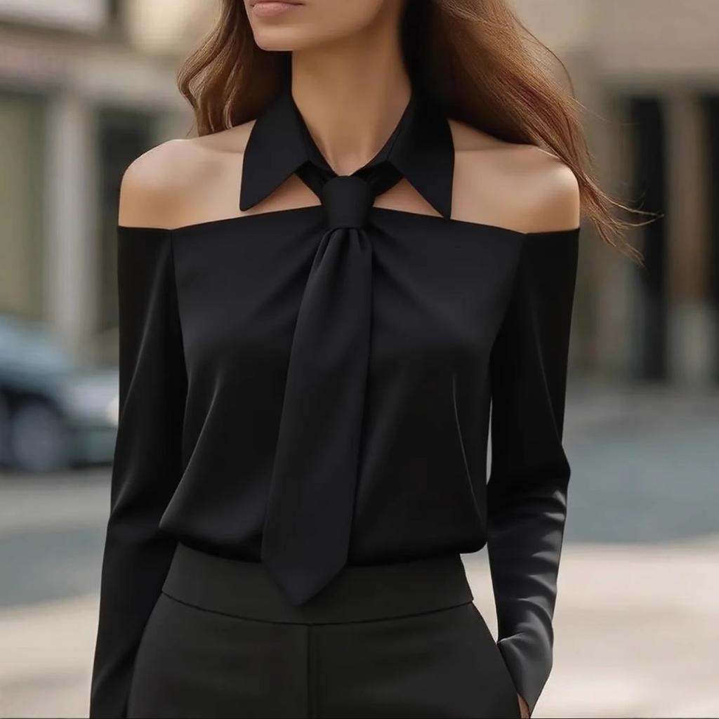 Autumn Solid Color Casual Versatile Long Sleeved Lapel Tie Women's Blouses & Shirts