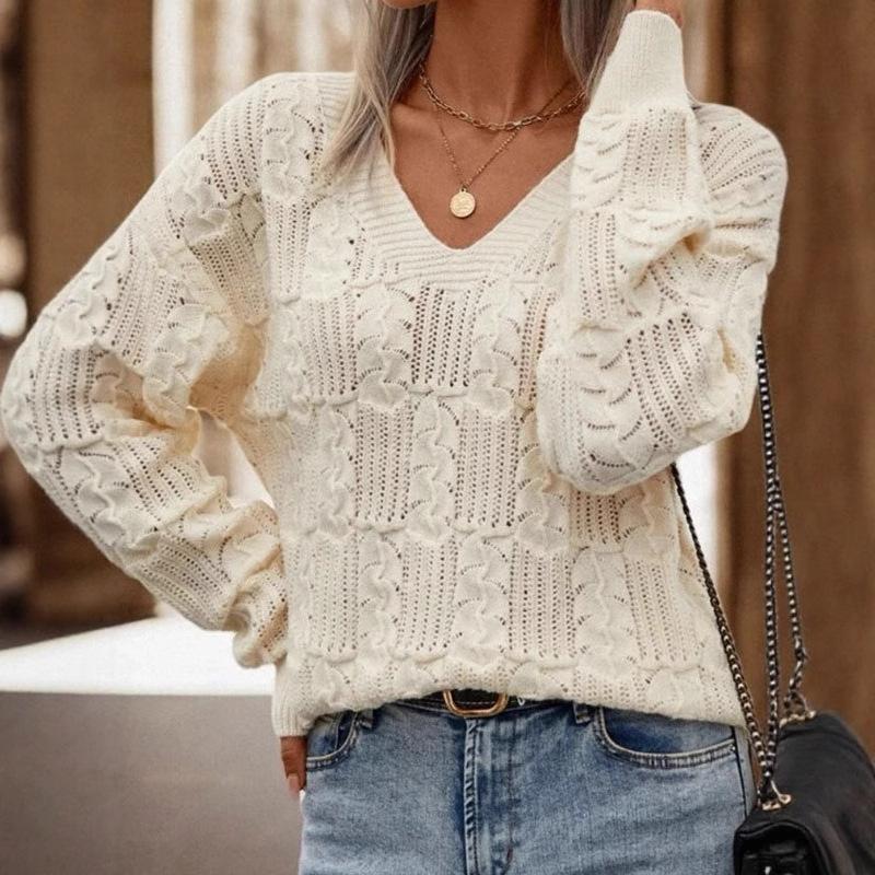 Fashion Women's Sweater, European and American Foreign Trade V-neck Back Hollow Lace-up Knitted Versatile Top Women