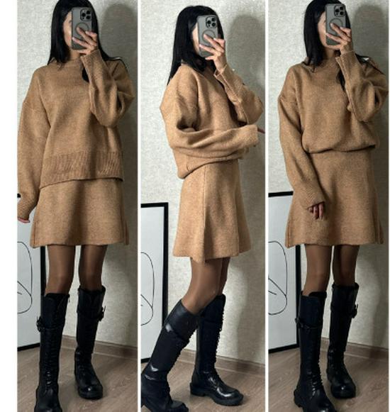 2024 Herbst Einfarbig Lässig College-Stil Gestrickter Pullover Rock Anzug für Damen