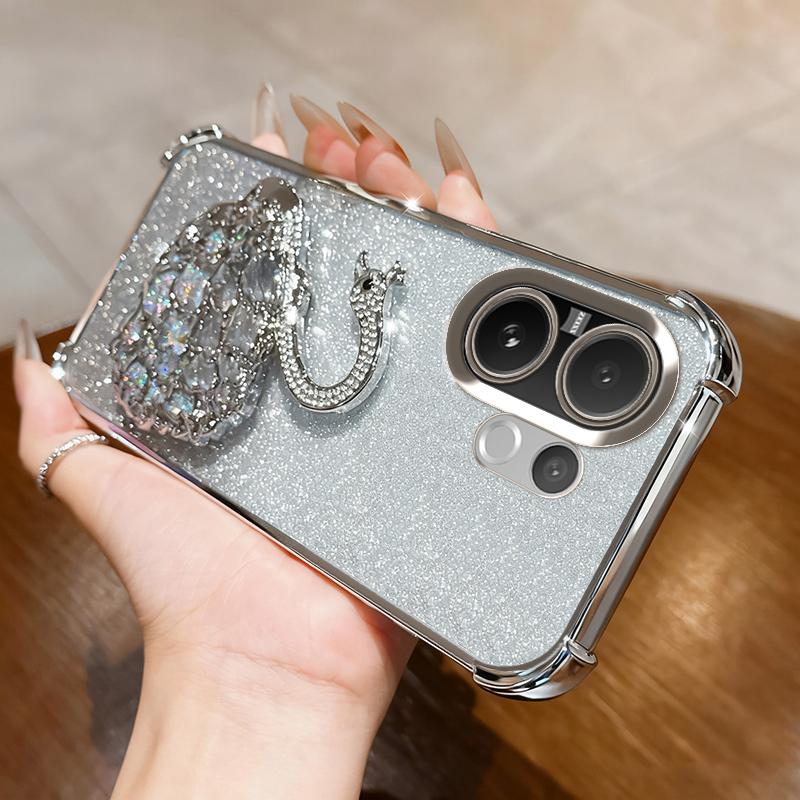 KEYSION Shockproof Plating Phone Case for VIVO V60 5G Clear Soft TPU Glitter Jewelled Swan Kickstand Back Cover for VIVO V60
