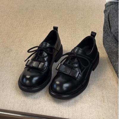 Cowhide Version~ Spring Leather Lace-up Round Head Versatile Casual British Retro Black Women's Shoes