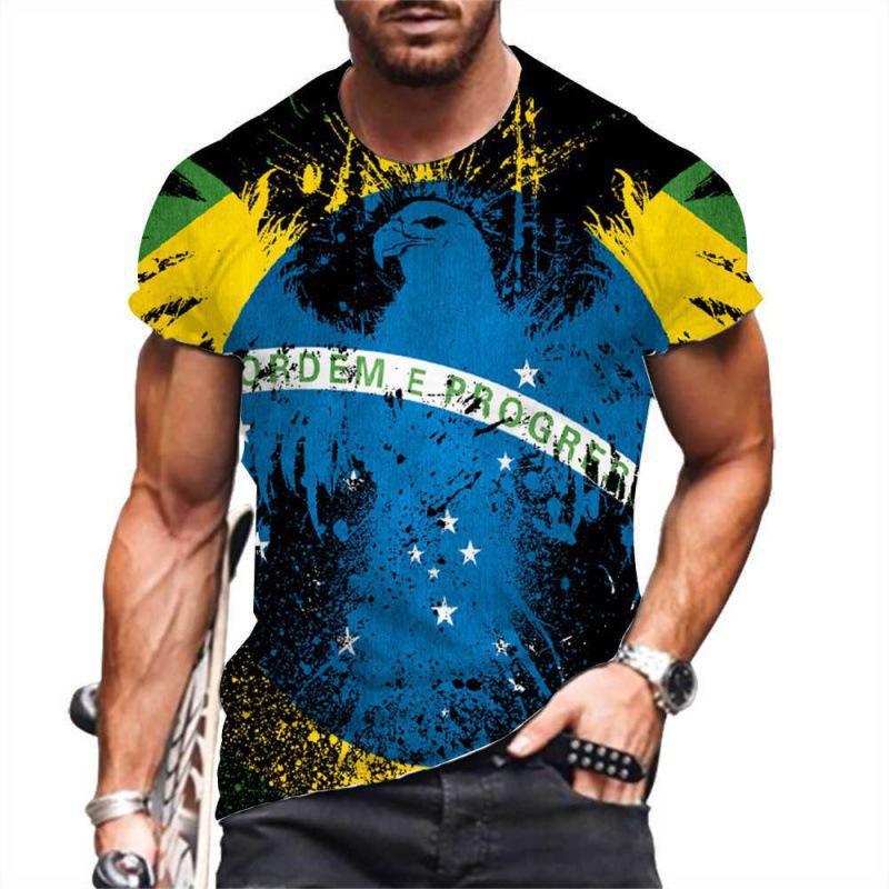 Summer Round Neck 3D Brazilian Flag Football Jersey Print Top Fashionable Casual Short Sleeved Men's T-shirts