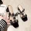 One word with slippers women's new outer wear fashion sandals high heel rhinestone flower transparent heel sandals