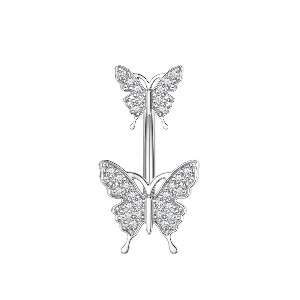 Stainless Button Double Headed Butterfly Navel with Zircon Clear