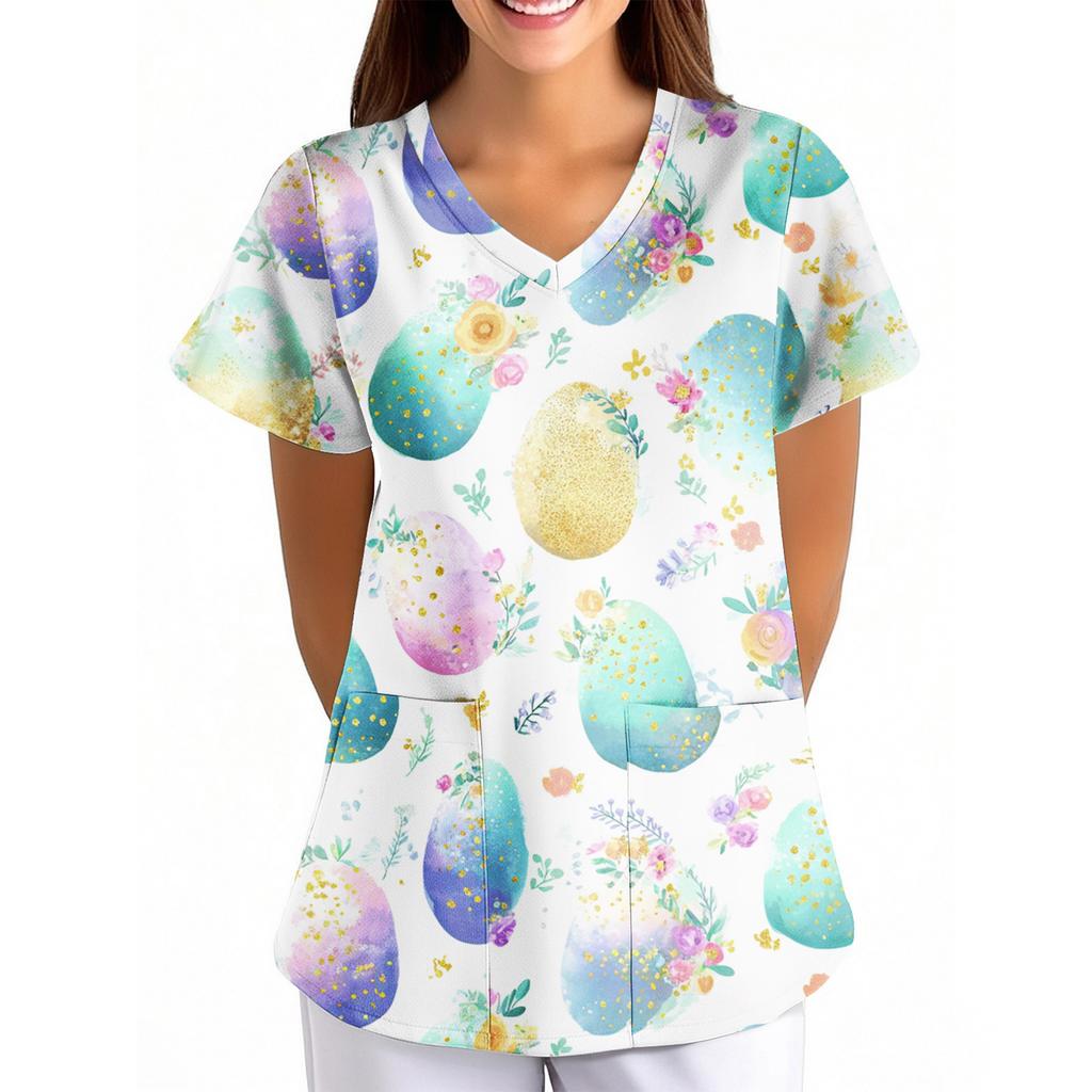 Dámské velikonoční potisk volný V-výstřih kapsa krátký rukáv Ošetřovatel/ Uniforma