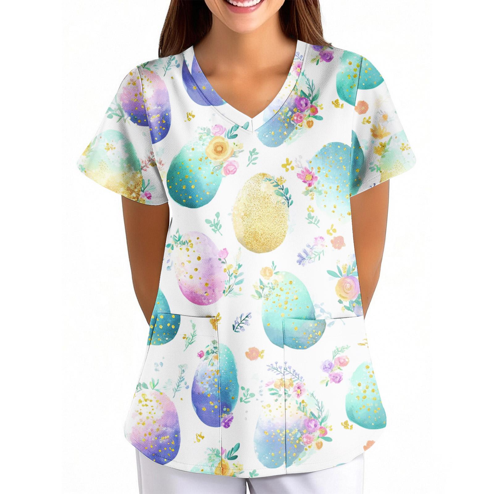 

Женская Пасхальная Принт Свободная V-образный вырез Карман Короткий рукав Уход/ Униформа M