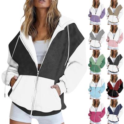 Women's Long Sleeve Solid Patchwork Printed Sweatshirt Pocket Zipper Hooded Jacket
